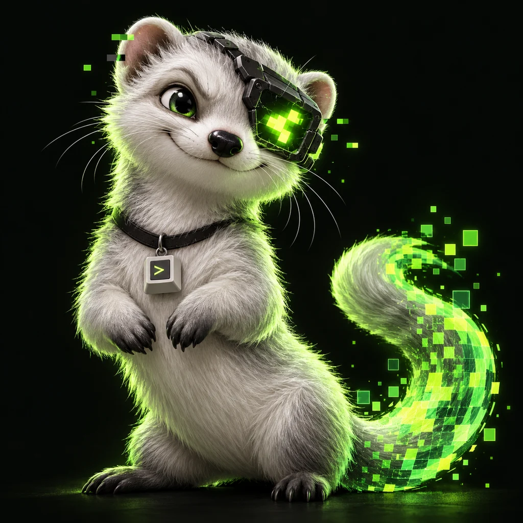 A mischievous silver-white ferret with a broken green AI visor and a tail dissolving into luminous data pixels.
